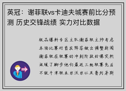 英冠：谢菲联vs卡迪夫城赛前比分预测 历史交锋战绩 实力对比数据